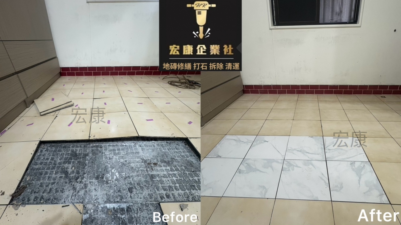 地磚隆起（高風險問題） Before — 地磚變形、整片脫黏 基層壓力過大＋脫黏，地磚被向上推起，高低落差明顯，已無法正常使用。 After — 注膠回填、恢復水平面 補強基層結構，使地磚重新密著，水平度恢復，避免再次隆起。

